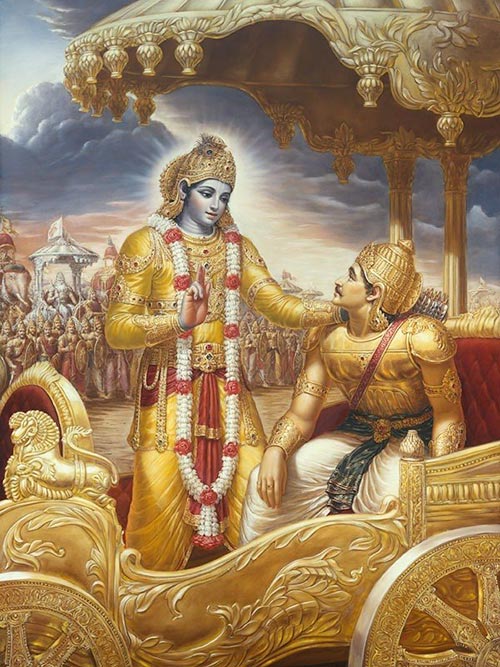 Кришна даёт наставления Арджуне по Бхагавад-гите на поле битвы Курукшетра